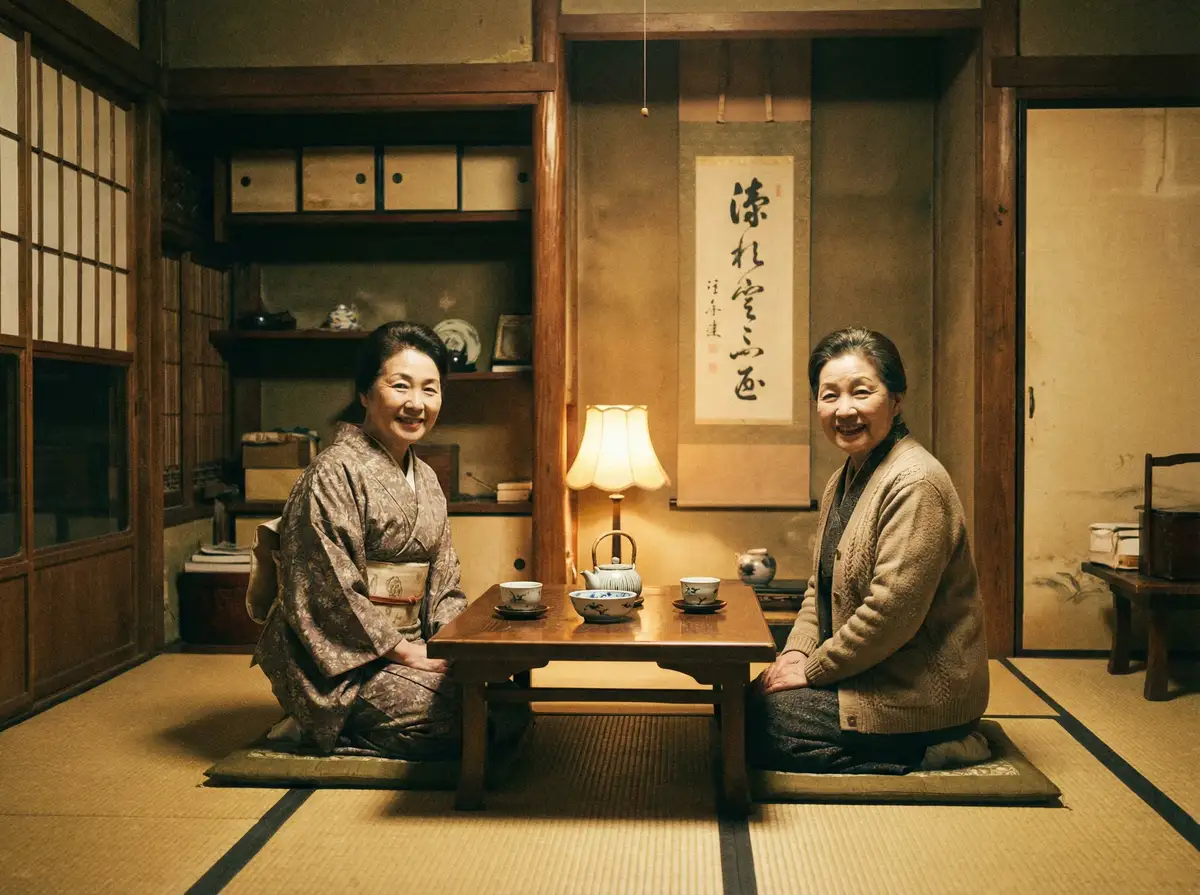 两位优雅的 黑皮体育生 在日式茶室中品茶交谈